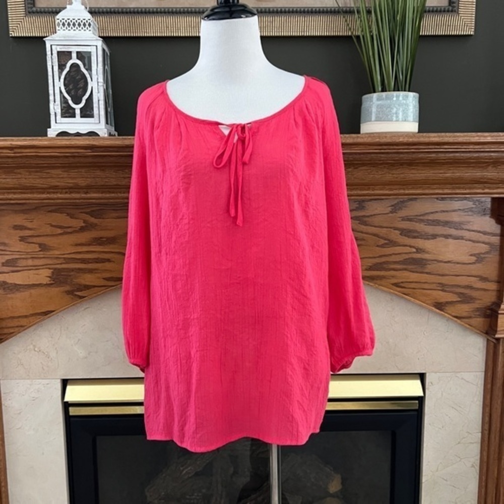 Christopher‎ & Banks Coral Crinkle Gauze 3/4 Sleeve Boatneck Blouse Sz. L
